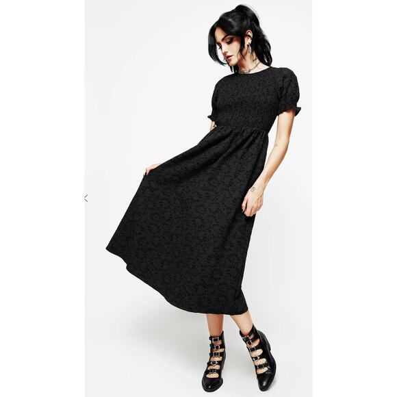 Disturbia Amun Smocked Midi Dress Floral Jacquard Womens Size 6 UK 10 Black New - Picture 4 of 14